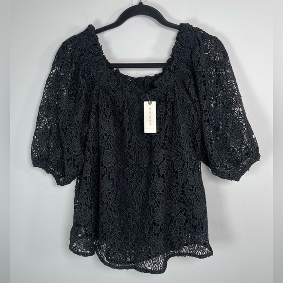 Anthropologie Maeve Eyelet Off The Shoulder Oversized Lace Black Top Size M - Picture 1 of 7